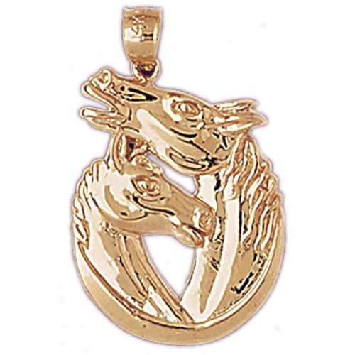 3D Double Horse Head Charm Pendant 14k Gold