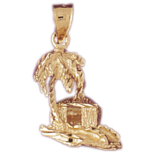 3D Hut and Palm Tree Charm Pendant 14k Gold