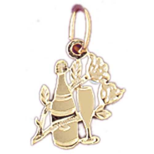 Wine Bottle, Glass and Roses Charm Pendant 14k Gold