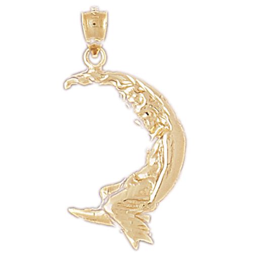 Moon and Old Man Charm Pendant 14k Gold