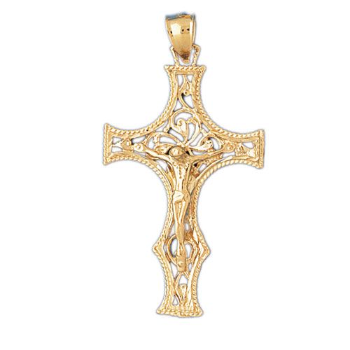 Cross with Jesus Figurine Charm Pendant 14k Gold