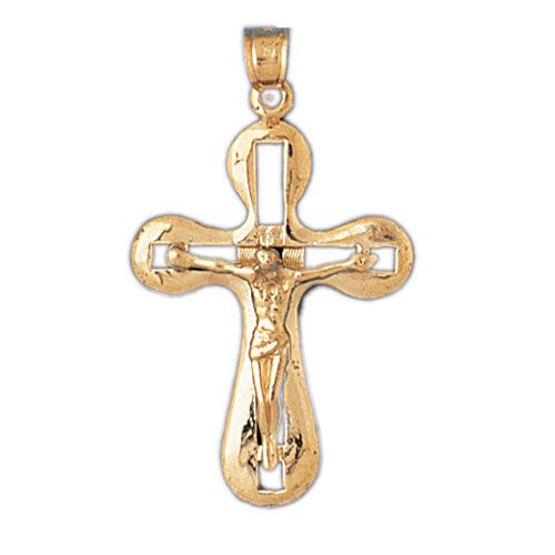 Cross with Jesus Figurine Charm Pendant 14k Gold