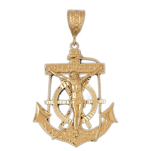 Jesus Christ on Cross Anchor Charm Pendant 14k Gold