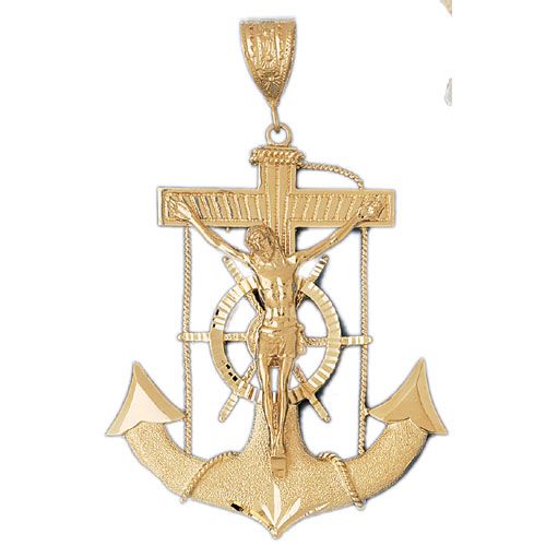 Jesus Christ on Cross Anchor Charm Pendant 14k Gold