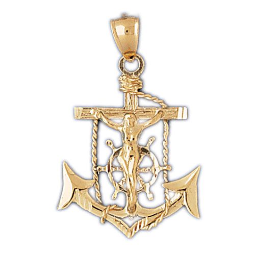 Jesus Christ on Cross Anchor Charm Pendant 14k Gold