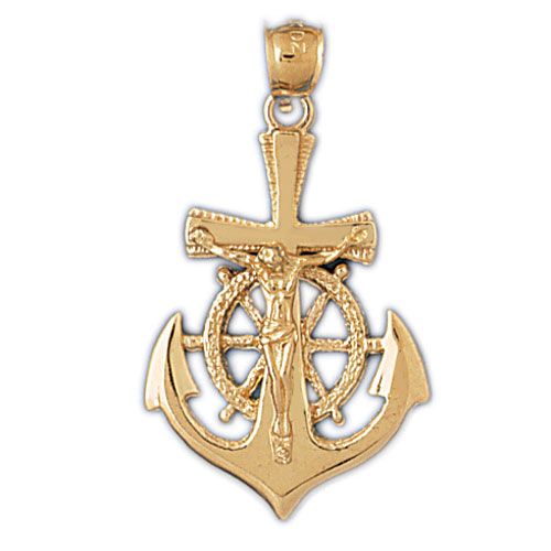 Jesus Christ on Cross Anchor Charm Pendant 14k Gold