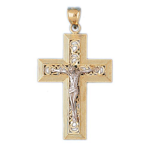 Two Tone Jesus Christ on Cross Charm Pendant 14k Gold
