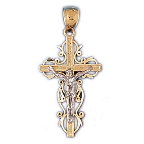 Two Tone Jesus Christ on Cross Charm Pendant 14k Gold
