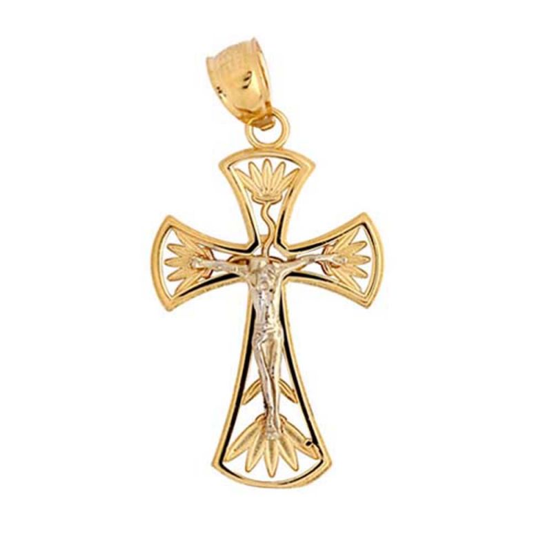 Two Tone Jesus Christ on Cross Charm Pendant 14k Gold