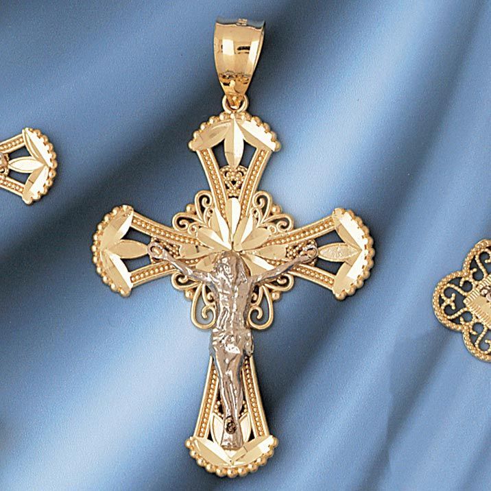 Two Tone Jesus Christ on Cross Charm Pendant 14k Gold
