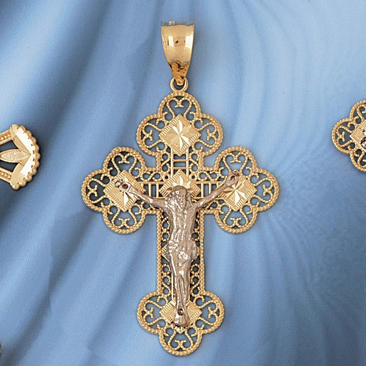 Two Tone Jesus Christ on Cross Charm Pendant 14k Gold