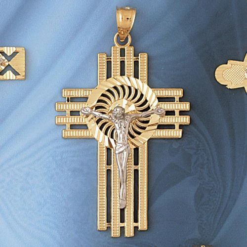 Two Tone Jesus Christ on Cross Charm Pendant 14k Gold