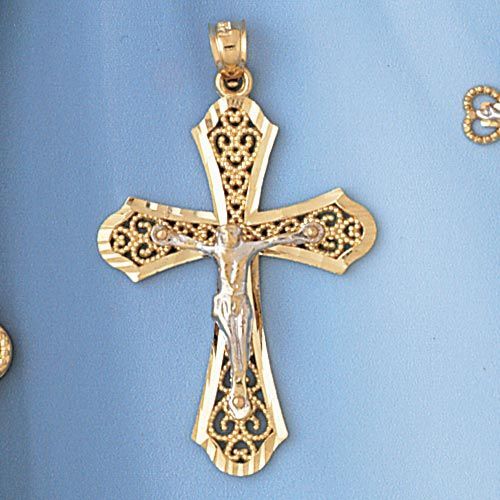 Two Tone Jesus Christ on Cross Charm Pendant 14k Gold