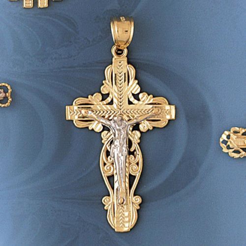 Two Tone Jesus Christ on Cross Charm Pendant 14k Gold