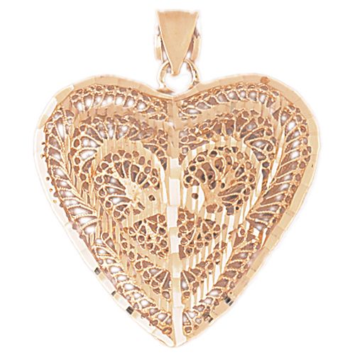 3D Filigree Heart Charm Pendant 14k Gold