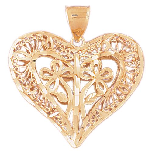 3D Filigree Flower In Heart Charm Pendant 14k Gold