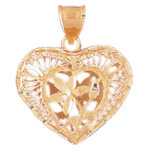 3D Filigree Flower In Heart Charm Pendant 14k Gold