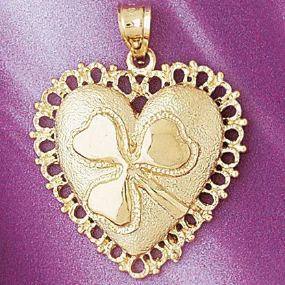 Heart With Three Leaf Clover Charm Pendant 14k Gold