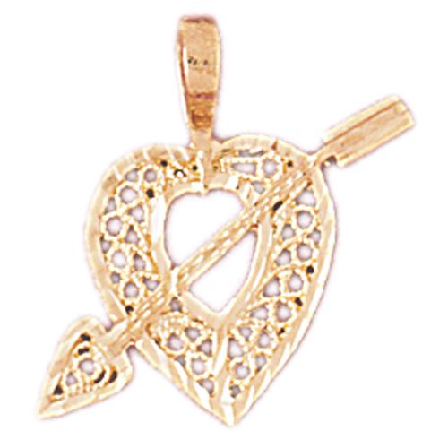 Filigree Heart with Cupid Arrow Charm Pendant 14k Gold