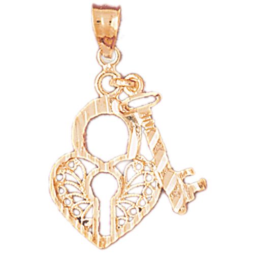 Filigree Heart Lock with Key Charm Pendant 14k Gold