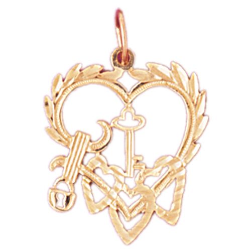 Triple Heart and Key Lock Charm Pendant 14k Gold
