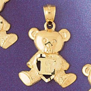 Initial E Teddy Bear Heart Charm Pendant 14k Gold