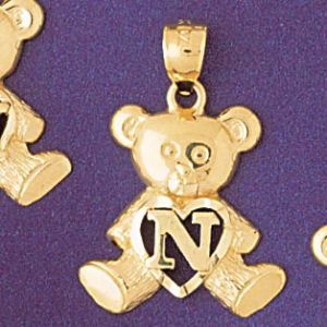 Initial N Teddy Bear Heart Charm Pendant 14k Gold