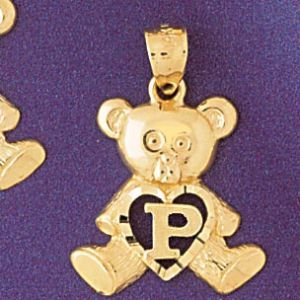 Initial P Teddy Bear Heart Charm Pendant 14k Gold