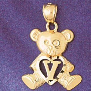 Initial V Teddy Bear Heart Charm Pendant 14k Gold