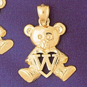 Initial W Teddy Bear Heart Charm Pendant 14k Gold