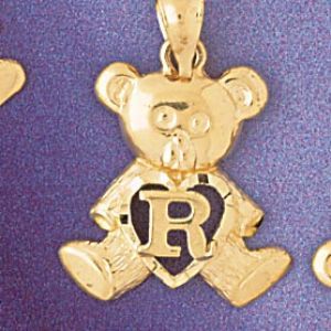 Initial R Teddy Bear Heart Charm Pendant 14k Gold