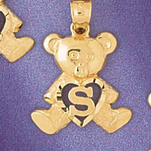 Initial S Teddy Bear Heart Charm Pendant 14k Gold