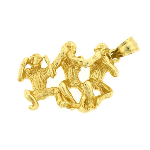 3D Monkeys Charm Pendant 14k Gold