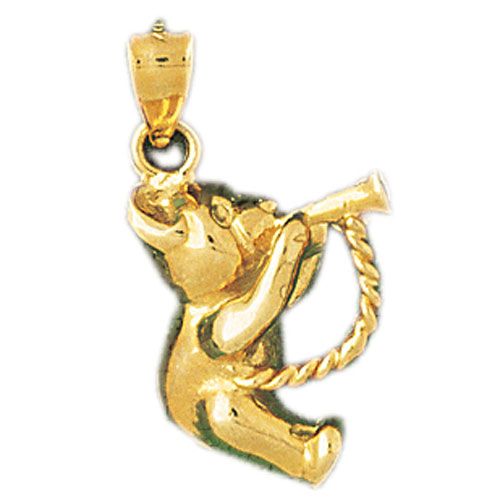 Teddy Bear With Trumpet Charm Pendant 14k Gold