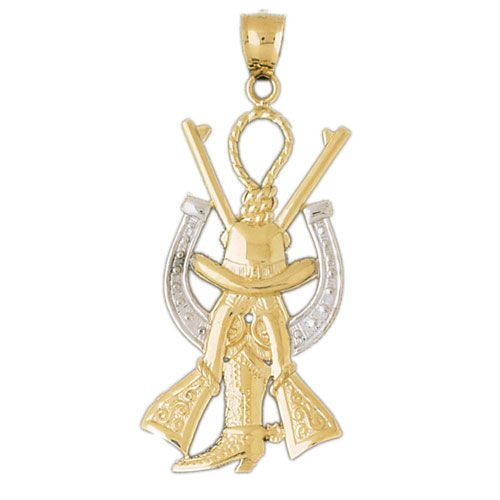 Cowboy Hunting Hat Gones Boot Horseshoe Charm Pendant 14k Two Tone Yellow and White Gold