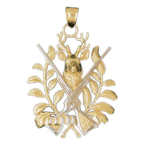 Deer and Hunting Guns Charm Pendant 14k Two Tone Yellow and White Gold