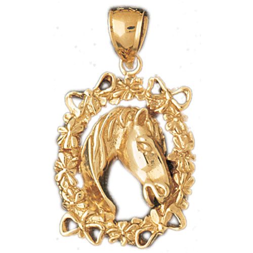 Horse Head in Floral Hoop Charm Pendant 14k Gold