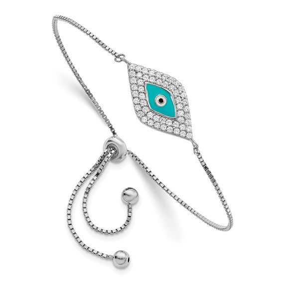 Sterling Silver Rhodium-plated CZ Blue Enamel Eye Adjustable Bracelet