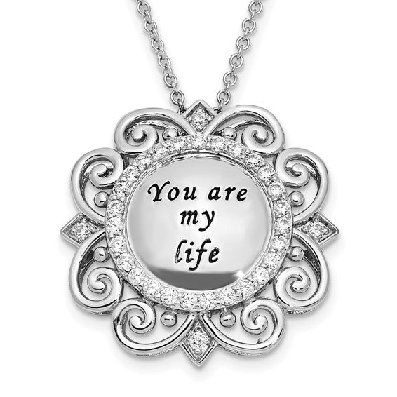 Sentimental Expressions Sterling Silver Rhodium-plated CZ Antiqued You Are My Life 18in. Necklace