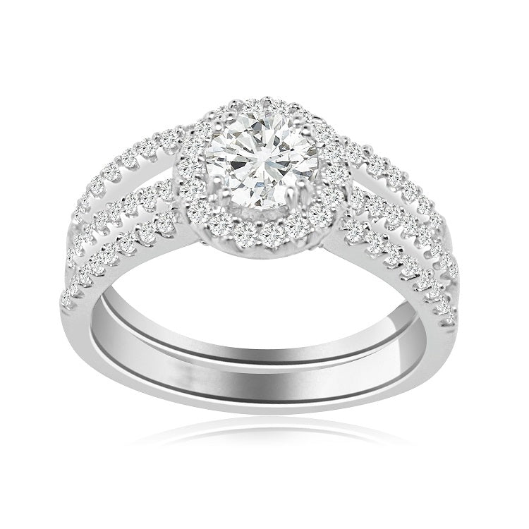 Sterling Silver Rhodium Plated and CZ center stone Halo Wedding Set
