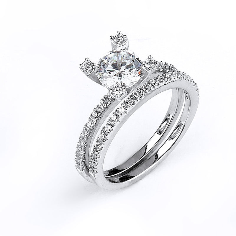 Sterling silver CZ wedding ring with an engagement ring with rhodium plating