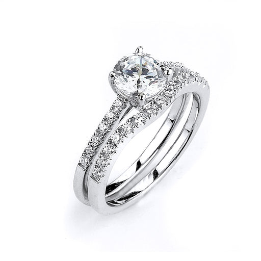 Sterling silver CZ wedding ring with an engagement ring with rhodium plating