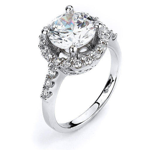Sterling silver CZ engagement ring with halo and rhodium plating