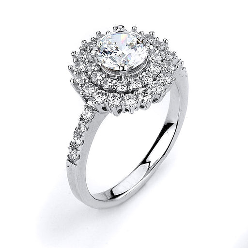 Sterling silver CZ engagement ring with double halo and rhodium plating