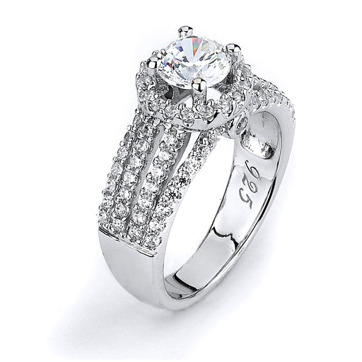 Sterling silver quadruple shank with halo CZ Engagement ring with rhodium plating