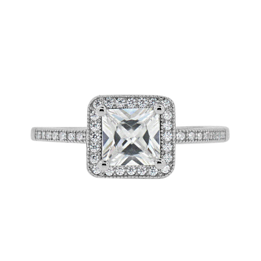 Sterling Silver Rhodium Plated with Princess cut CZ Halo Antique Ring