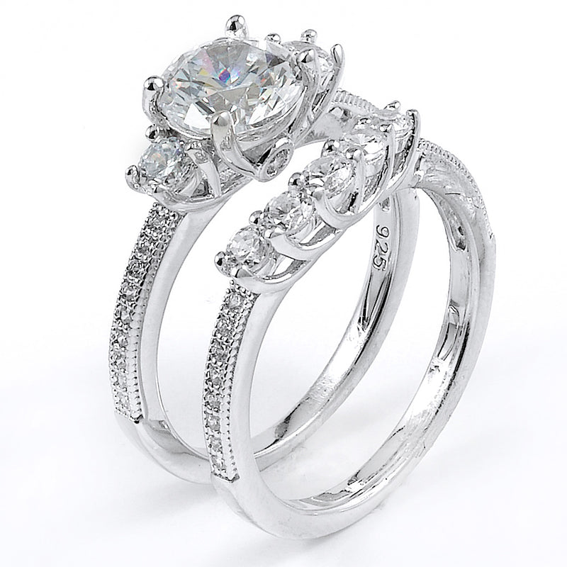Sterling silver CZ wedding ring with an engagement ring with rhodium plating