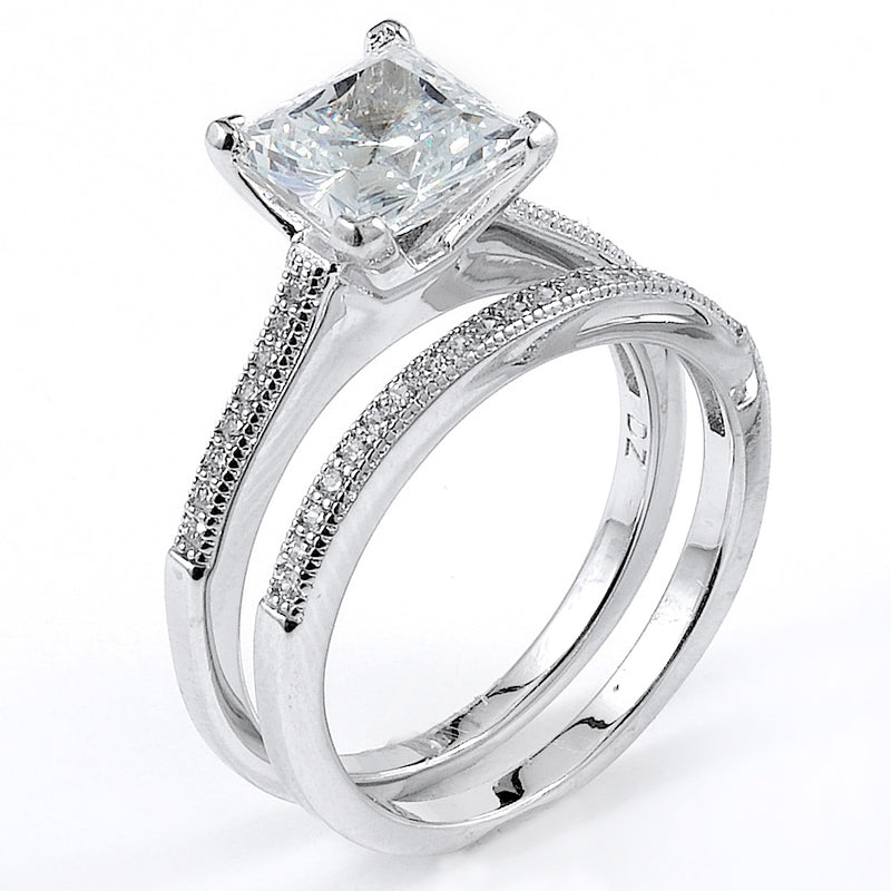 Sterling silver CZ wedding ring with an engagement ring with rhodium plating