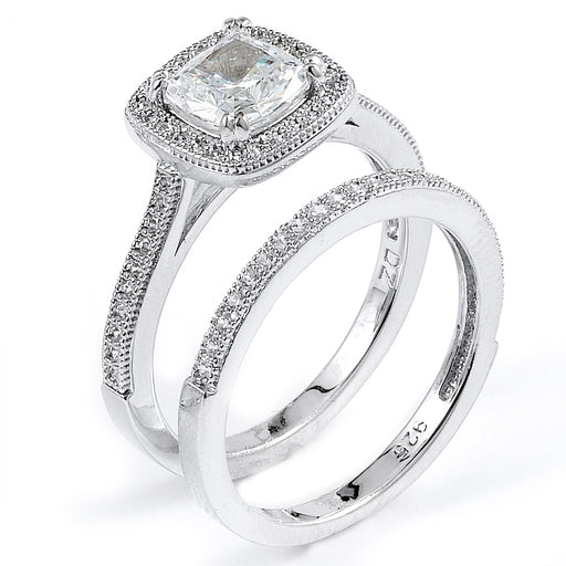 Sterling silver CZ wedding ring with an engagement ring with rhodium plating