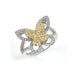 Sterling silver butterfly ring with pave CZ, finished with rhodium and yellow gold plating